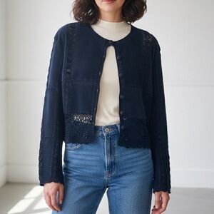 Gantos Black Leather Crochet Panel Button Front Jacket Sz L